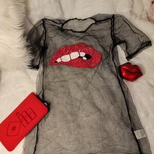 Sheer Black Top with Red Lip Design